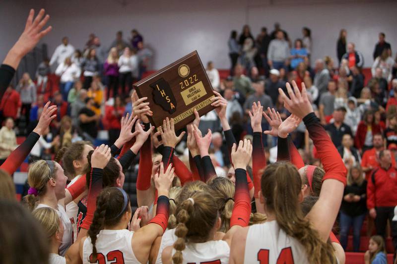 Barrington celebrates the Win over Huntley at the Class 4A Super Sectional Final on Friday, Nov. 4,2022 in Dundee.
