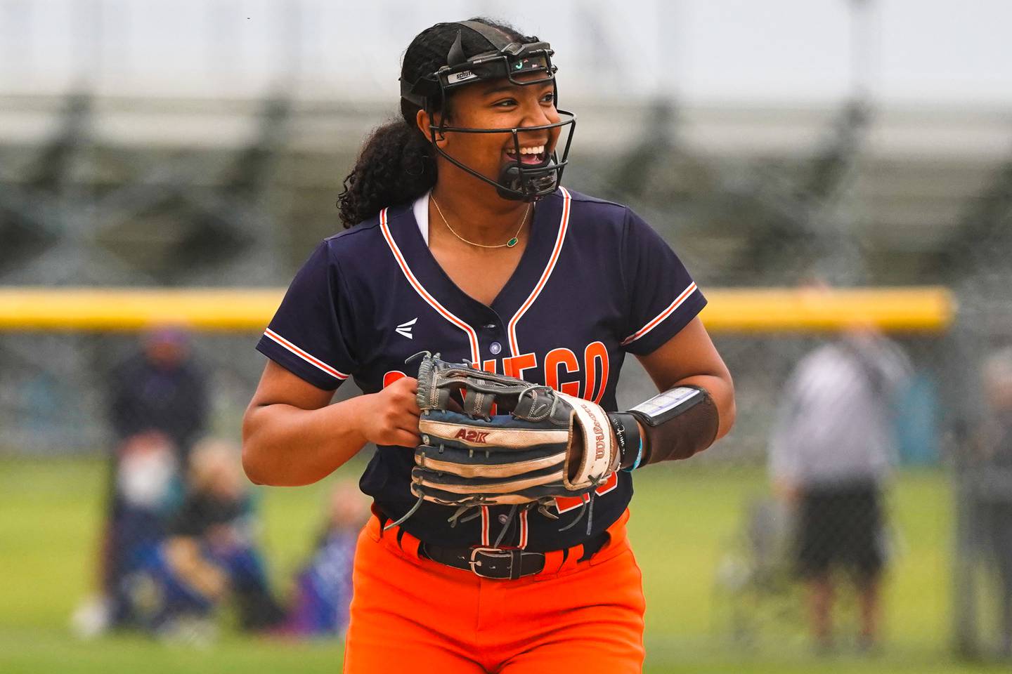 Oswego’s Jaelynn Anthony (20) smiles after recording the last out of the game to defeat Neuqua Valley to win the Class 4A Oswego East Regional Softball Final  at Oswego East High School on Friday, May 30, 2025.