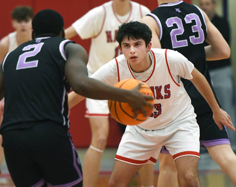 Oregon's Noel Campos (13) guards Rockford Lutheran's Richard Anderson on Friday, Feb. 6, 2026 at the Blackhawk Center.