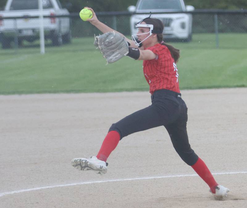 Henry-Swnachwine pitcher Bella Williams lets go of a thwo to Woodland on Tuesday, May 12, 2026 at Woodland High School.