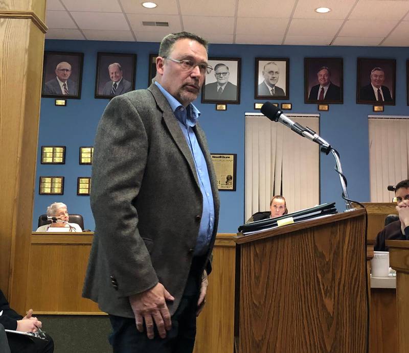 Environmental Engineer Brad Brown presents on soil and water levels following the Carus Chemical fire at La Salle City Hall on Monday, Feb. 6, 2023