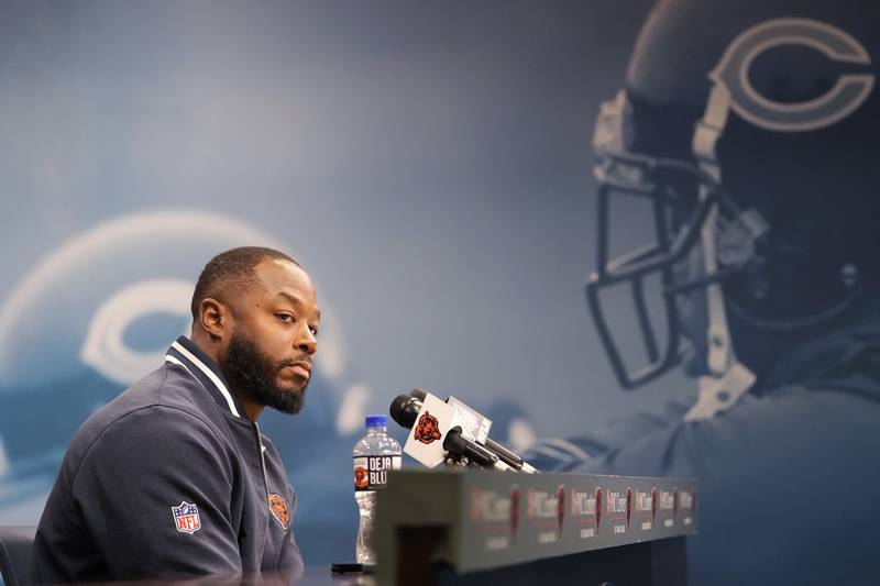 Chicago Bears interim head coach Thomas Brown listens to reporters during an NFL football news conference at Halas Hall in Lake Forest, Ill., Monday, Dec. 2, 2024. (AP Photo/Nam Y. Huh)