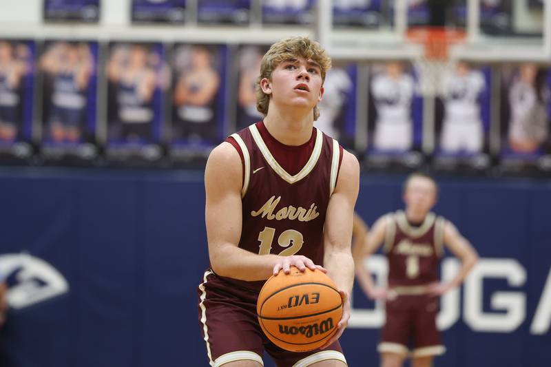 Morris’ Caden Medler lines up a free throw against Plainfield South on Wednesday, Jan. 28, 2026 in Plainfield.