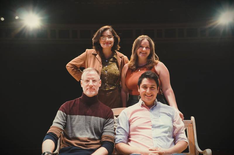 Joliet Central Drama Director Joe Hoyt invited back three Joliet Central alumuni to co-direct the school's fall play “Benchmark – A Series of Life Stories Told From a Bench.” Pictured, from left, back row are Angelica Jarrett and Hanna Hagerty and, front row,  Joe Hoyt and Adam Rociles.