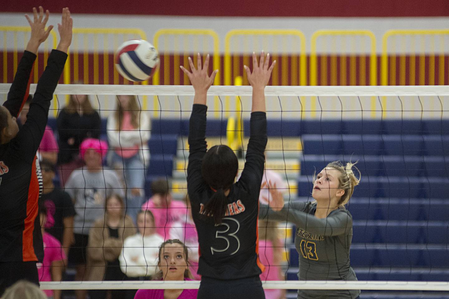 Sterling’s Katie Dittmar plays the ball over the net against United Township Thursday, Oct. 6, 2022.