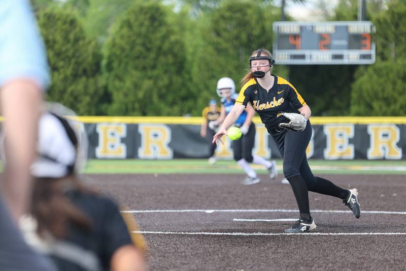 Herscher's Lilly Tucek throws a pitch during the Tigers' 13-6 victory against Central on Wednesday, May 14, 2025.