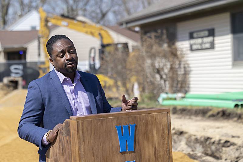 Ollie Idowu of the Illinois Primary Health Care Association says a few words before a ground breaking ceremony in Rock Falls Thursday, March 28, 2024. The Whiteside County Health Department is expanding its services.