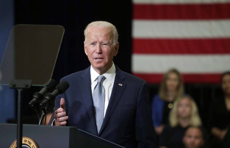 President Joe Biden speaks Wednesday, July 7, 2021, at McHenry County College in Crystal Lake.