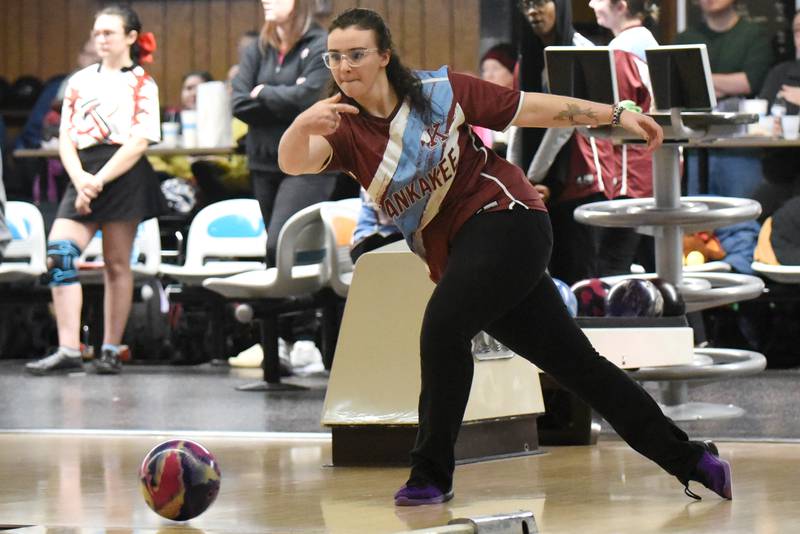 Kankakee's Serena Birr bowls during the All-City girls bowling meet at Brookmont Bowling Center in Kankakee Wednesday, Feb. 5, 2025.