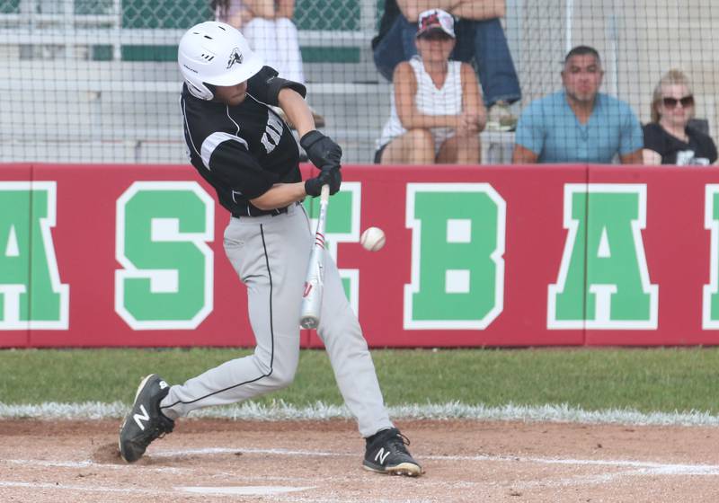 Kaneland's Tom Thill makes contact with the ball against L-P on Tuesday, May 13, 2025 at Huby Sarver Field at the L-P Athletic Complex in La Salle.