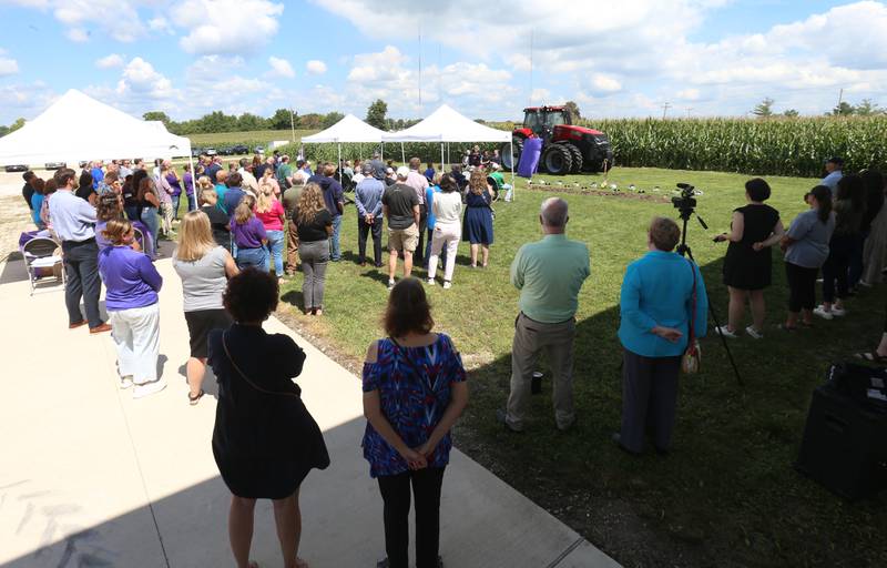 Hundreds of local dignitaries watch during a groundbreaking ceremony of the new Dr. Alfred E. Wisgoski  Agricultural Education on Friday, Aug. 22, 2025 at Illinois Valley Community College in Oglesby. The new building, received a one-million dollar donation from the Wisgoski family, funds from the federal Economic Development Administration and the state of Illinois Department of Commerce and Economic Opportunity, will not only provide physical spaces that reflect the program’s growth, innovation, and capabilities, but the IVCC Agricultural Education Center will also serve as a focal point for agricultural industry activities within the community. The building will take one-year to complete.
