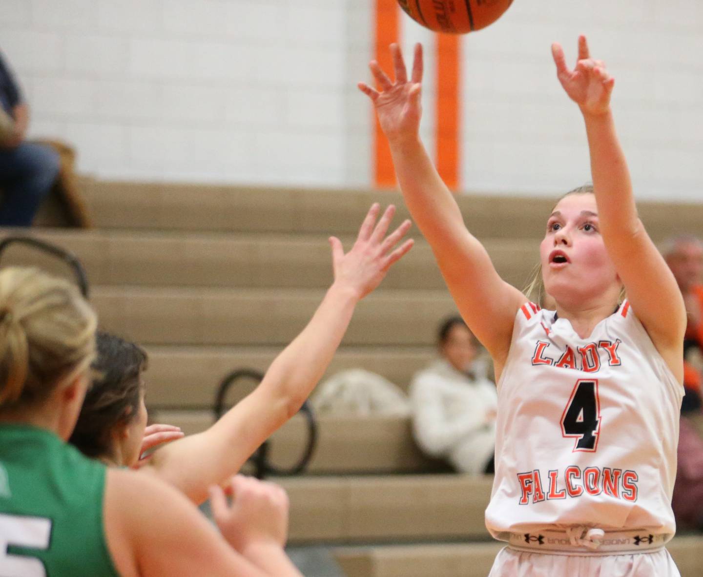 Flanagan-Cornell Woodland's Kora Edens (4) shoots a jump shot over Dwight in the Integrated Seed Lady Falcon Basketball Classic tournament on Thursday, Nov. 17, 2022 in Flanagan.