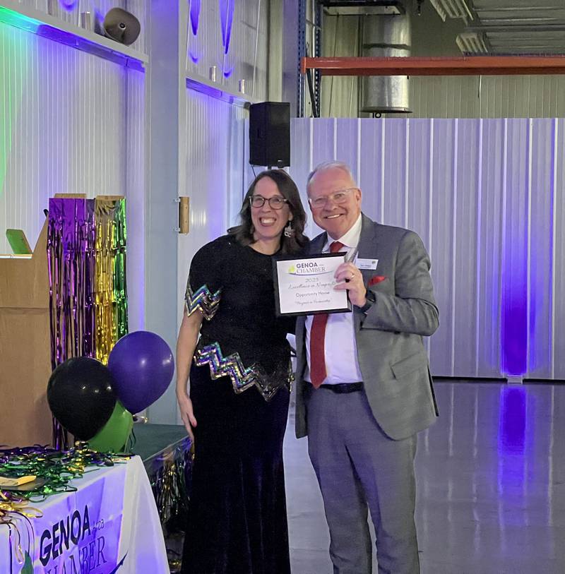 Jennifer Groce stands with Tom Matya, of Opportunity House, which won the Genoa Area Chamber of Commerce's Excellence in Nonprofit award on Feb. 11, 2026.