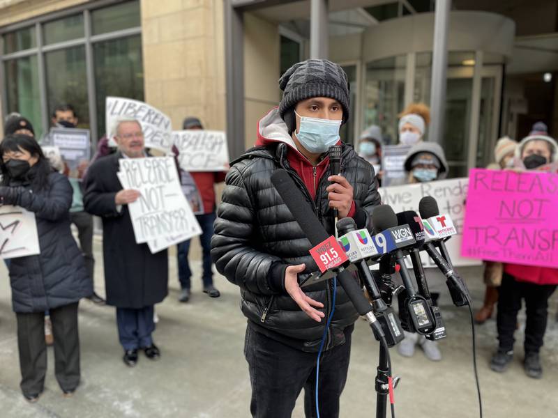 Alejandro Ortiz, speaks about his experience being detained at McHenry County Jail during a news conference Tuesday, Feb. 1, 2022, outside U.S. Immigration and Customs Enforcement field office in Chicago.