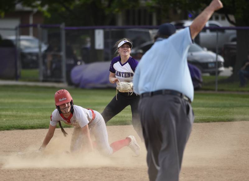 Bradley-Bourbonnais' Bristol Schriefer is caught out at second base in the sixth inning by Manteno's Aubrie Goudreau in a game on Thursday, May 15, 2025.