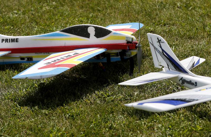 Radio-controlled planes wait to be flown on Thursday, Aug. 8, 2024, by members of the  Chain-O-Lakes Eagles R/C Club.