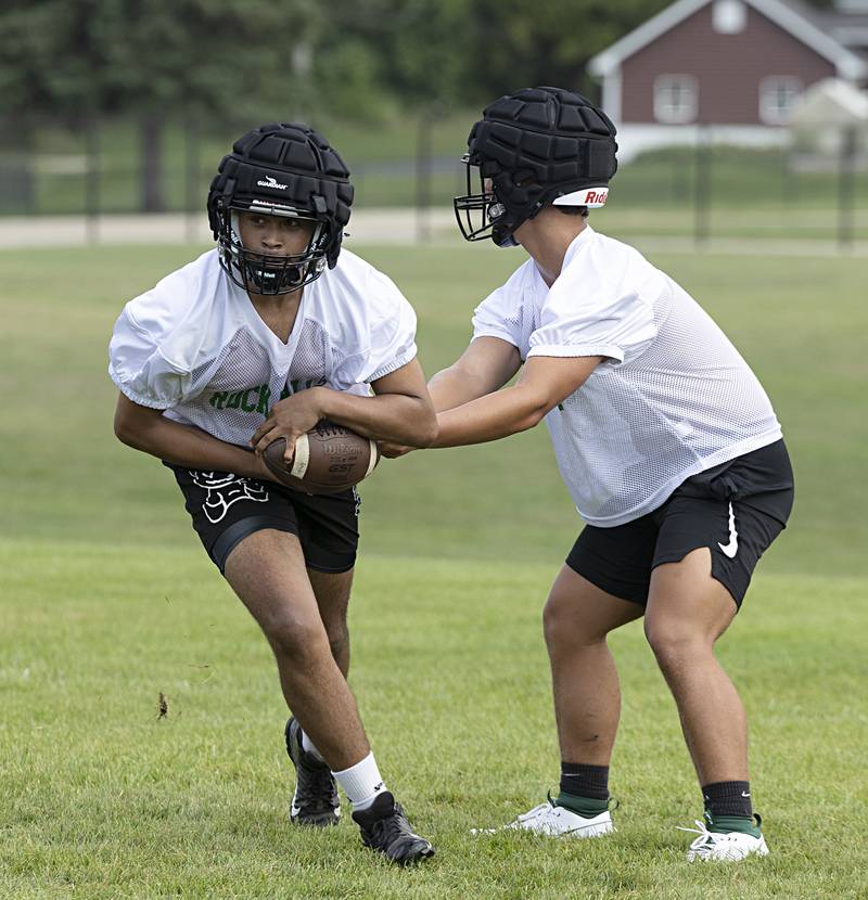 Rock Falls players run through drills Tuesday, August 8, 2023 during the first week of football practice.