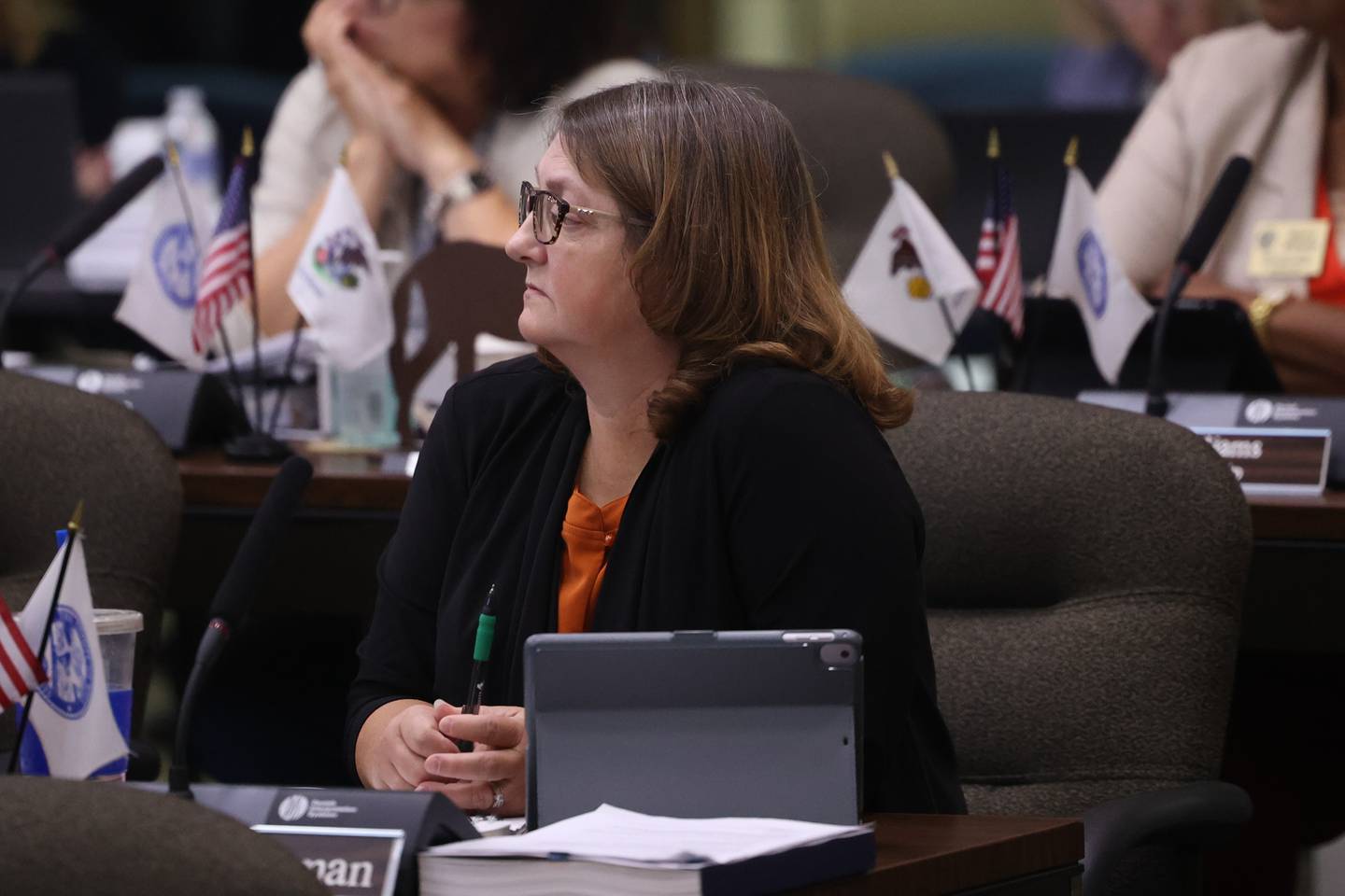 Will County board member Mica Freeman sits in on the Will County board meeting on Thursday, Aug. 17, 2023 in Joliet.