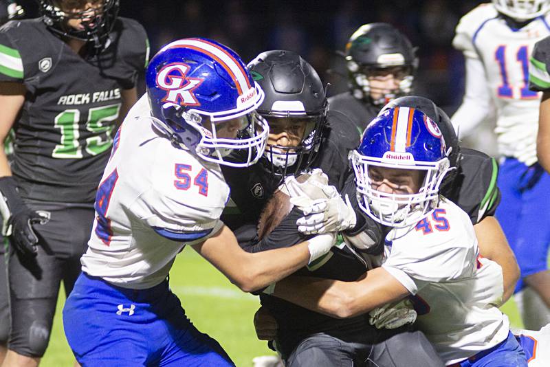 Rock Falls’ Michael Flowers is swallowed up on a kick-off Friday, Sept. 23, 2022 against Genoa-Kingston.