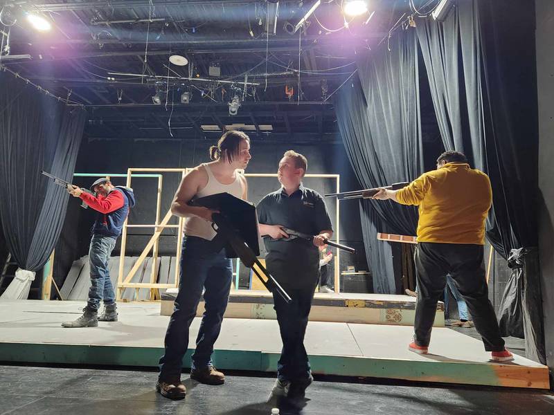 The cast of "Bonnie & Clyde" rehearse for the upcoming production at La Salle's Stage 212 theater. From left: Xavier Barham (Buck Barrow), Jake Jakielski (Clyde Barrow), Jackson Layhew (Young Clyde),  Fredrick Davis (Ted Hinton).