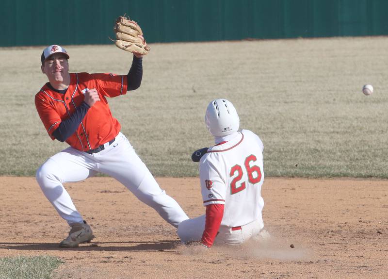 Pontiac's Anderson Horning misses the catch on the throw to second base as L-P's Griffin May steals the bag on Monday, March 24, 2025 at Huby Sarver Field inside the L-P Athletic Complex in La Salle.