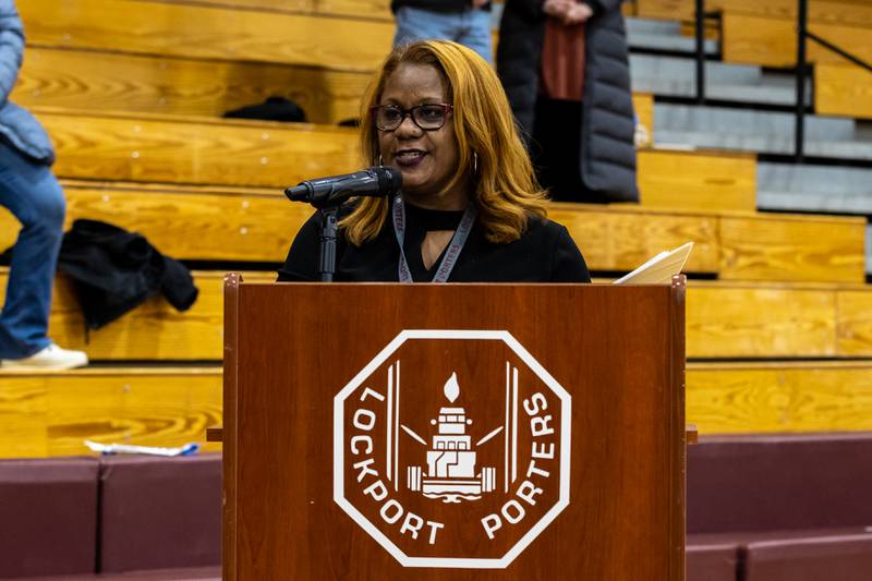 East Campus Principal Dr. Jacqueline Johnson welcomes everyone to Lockport Township High School’s 11th Annual Veteran Night Celebration Ceremony on Jan. 23, 2026.
