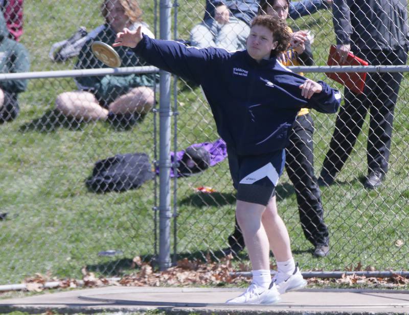 Fieldcrest's Loren Gensler throws discus during the Rollie Morris Invite on Saturday, April 16, 2022 at Hall High School in Spring Valley.