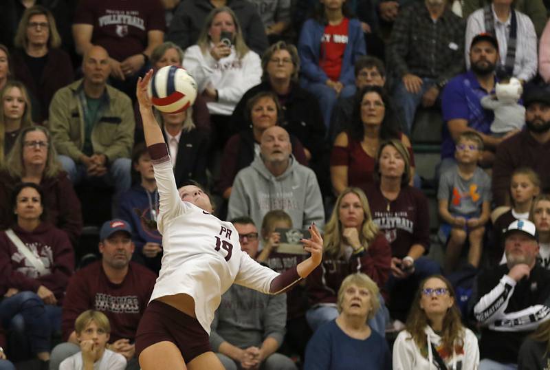 Prairie Ridge's Tegan Vrbancic hits the ball during the IHSA Class 3A Grayslake Central Supersectional volleyball match against St. Francis on Monday, Nov. 11, 2024, at Grayslake Central High School.