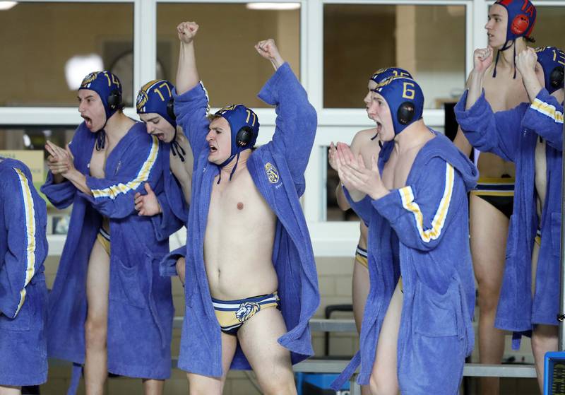 Lyons reacts after taking third against against York during the IHSA State Water Polo consolation match Saturday May 20, 2023 at Stevenson High School in Lincolnshire.