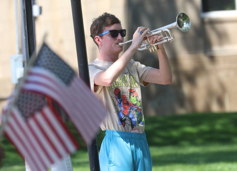 Bugler Timothy Batchelor of Princeton, playes taps during the Memorial Day service on Monday, May 25, 2026 at Soldiers and Sailors Park in Princeton.