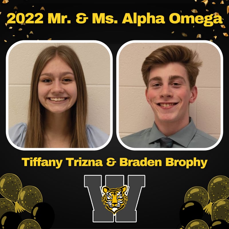 Joliet West High School awarded seniors Tiffany Trizna and Braden Brophy with the title of Ms. and Mr. Alpha Omega at Senior Awards Night on Thursday, May 12.