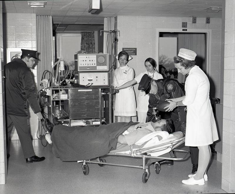DeKalb Public Hospital heart attack treatment drill, January 21, 1971 at 680 Haish Avenue in DeKalb.