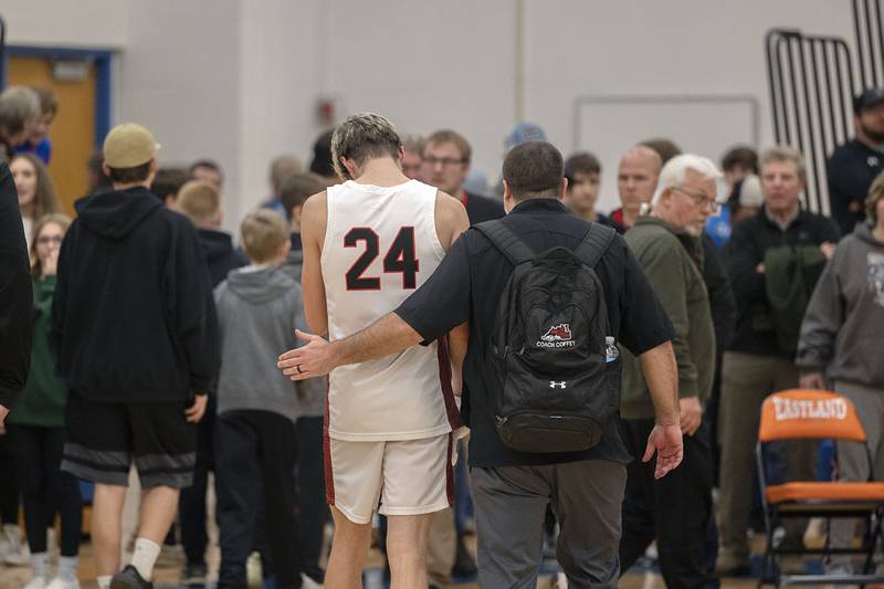Fulton’s Daken Pessman walks off the court after the Steamers lost a hard fought game to Scales Mound 50-46 Friday, March 3, 2023 in the 1A sectional final in Lanark.