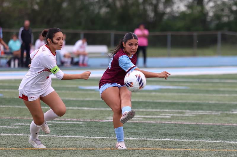 Kankakee's Jocelyn Sanchez takes a shot on goal during the Kays' 5-0 win against Blue Island Eisenhower in the Class 2A Kankakee Regional semifinals on Tuesday, May 19, 2026.