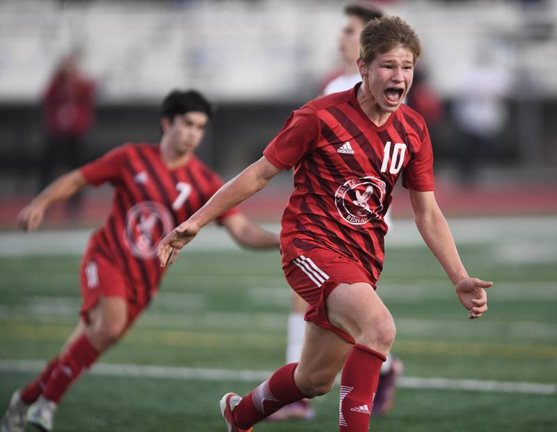 Naperville Central’s Chase Adams reacts after his goal against Hinsdale Central in the Class 3A East Aurora supersectional boys soccer game on Tuesday, November 1, 2022.