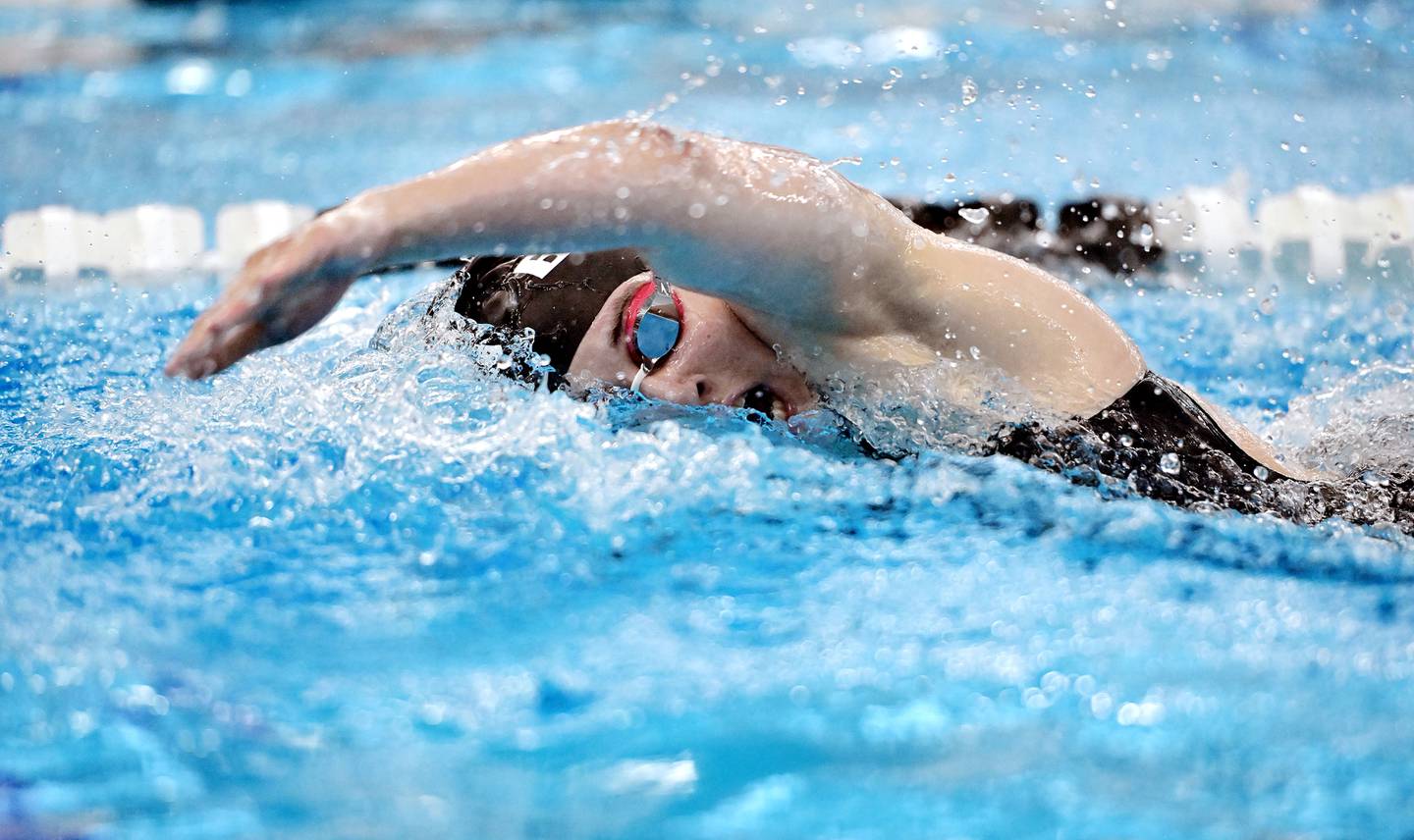 Rosary’s Becky Rentz in the 200-yard freestyle at the IHSA girls state swim preliminaries on Friday, Nov. 15, 2024 in Westmont.