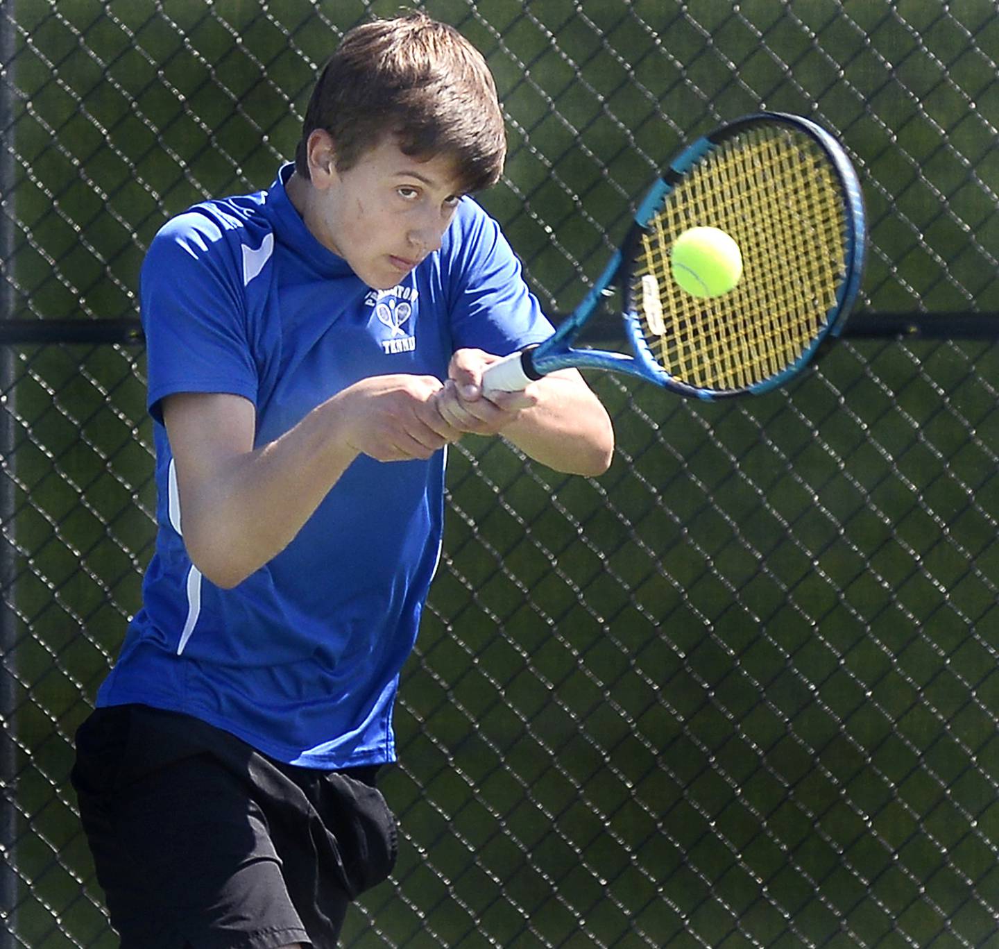 Princeton’s Tyson Phillips competes in a singles match during the Class 1A Ottawa Boys Tennis Sectional on Monday, May 23, 2022, at Ottawa.