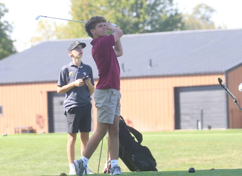 Morris's Wyatt Schultz tees off during the Pirate Invitational on Monday, Sept. 15, 2025 at Deer Park Golf Club in Oglesby.