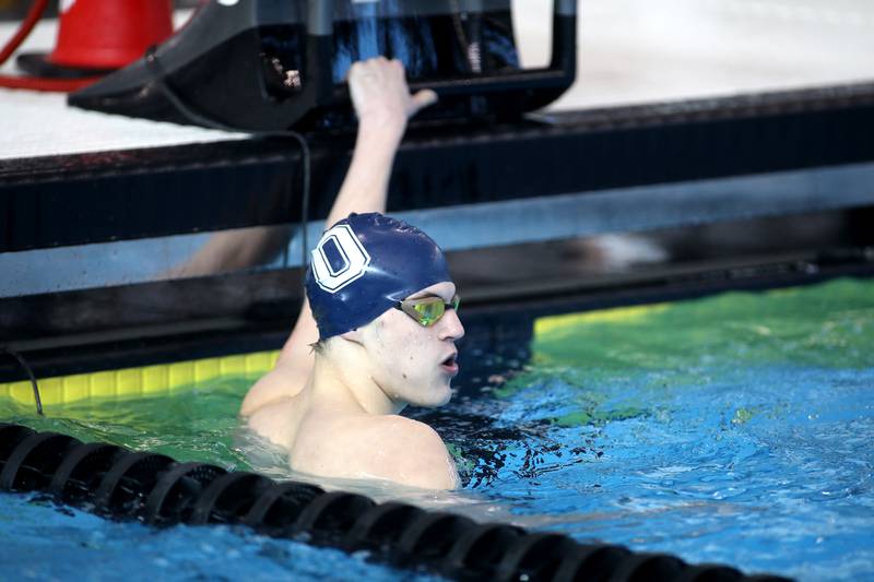 Oswego’s Chase Maier completes the 200-meter freestyle championship heat during the IHSA Boys State Championships on Saturday, March 1, 2025 at the FMC Natatorium in Westmont.