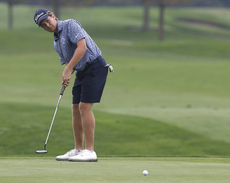Cary-Grove’s Erik Pietrzyk putts on the eighth green during the IHSA Class 3A Hampshire Regional golf tournament on Wednesday, Sept. 27, 2023, at Randall Oaks Golf Club in West Dundee.
