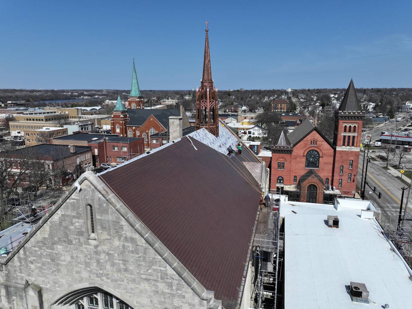 Elgin's First United Methodist Church's copper roof and restoration on Monday, March 30, 2026.