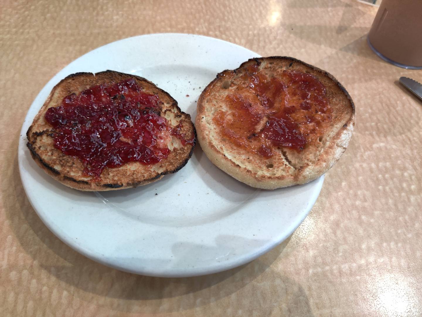 An English muffin with jam at Chicken noodle soup at Randall's Pancake House & Restaurant in South Elgin.