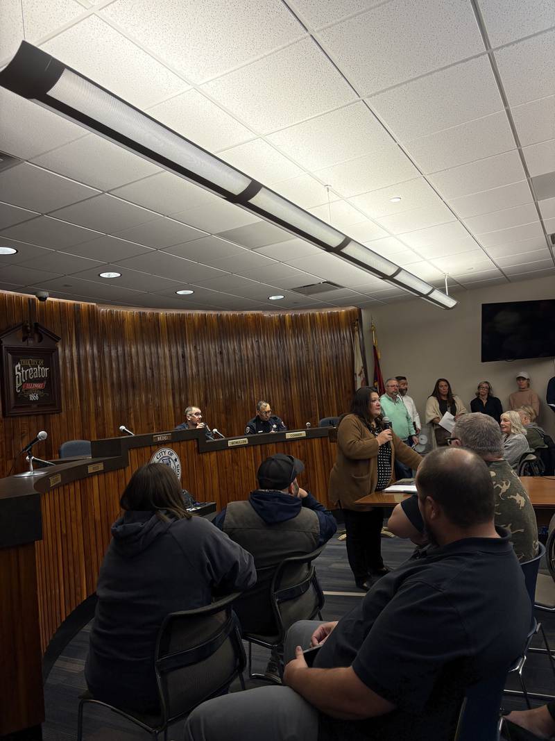 Streator Mayor Tara Bedei speaks Tuesday, Oct. 16, 2024, during a special city meeting about the recent gunfire violence in the community.