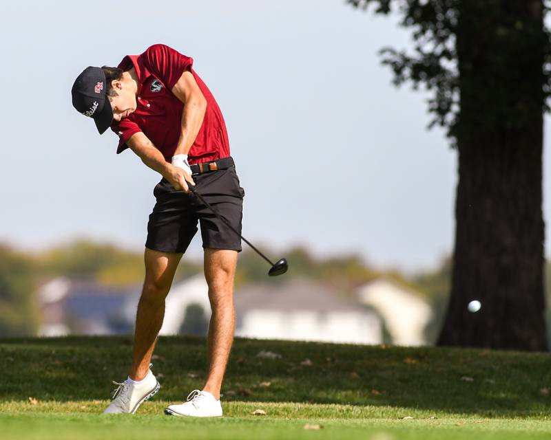 Patrick Cosgrove of Plainfield North tees off on Wednesday Oct. 1, 2025, during the Plainfield Central regional held at Wedgewood Golf Course in Plainfield.