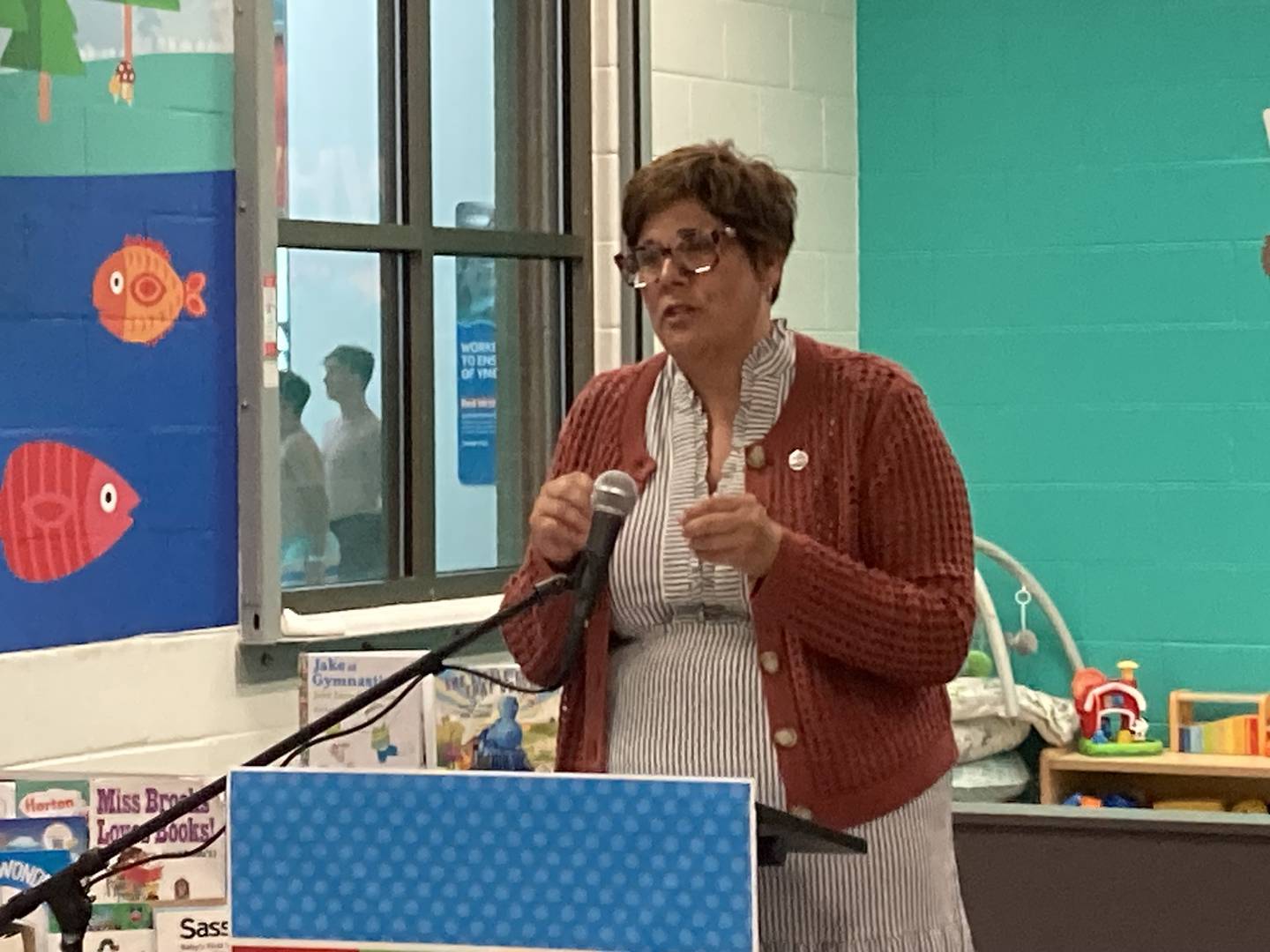 Will County Executive Jennifer Bertino-Tarrant speaks at the launch event for Will County's chapter of Dolly Parton's Imagination Library at the C.W. Avery Family YMCA in Plainfield. 
Monday, July 28, 2025.
