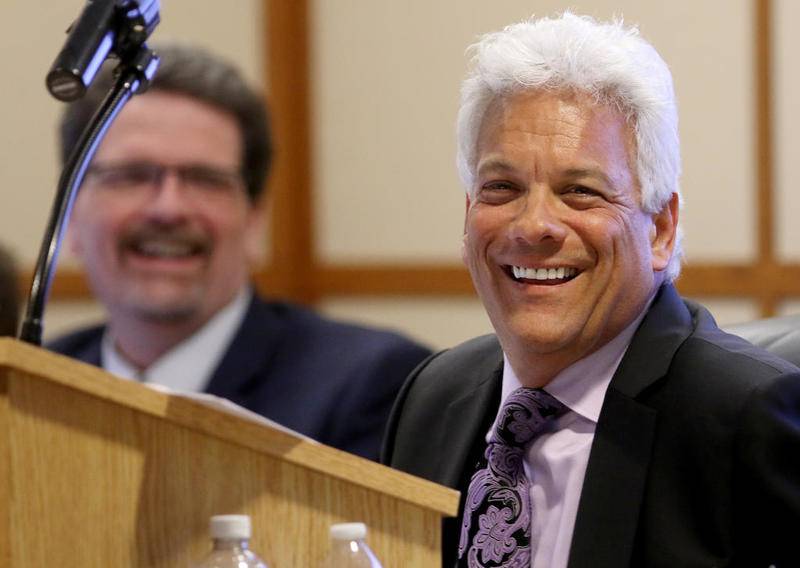 McHenry County Board chairman Jack Franks reacts to public comment about a Valley Hi rebate during a McHenry County Board meeting at the McHenry County Administrative Building on Tuesday, April 16, 2019 in Woodstock.