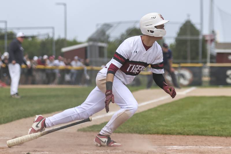 Plainfield North's Johnny Andretch (2) takes off to first after getting a hit during Class 4A Plainfield North Regional final baseball game between Oswego at Plainfield North. Saturday, May 31, 2025 in Plainfield.