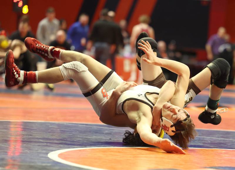 Jacobs’ Dominic Ducato (back) brings down Bradley-Bourbonnais’ Ethan Spacht during the Class 3A 113 pound 3rd place match in the IHSA individual state wrestling finals in the State Farm Center at the University of Illinois in Champaign.