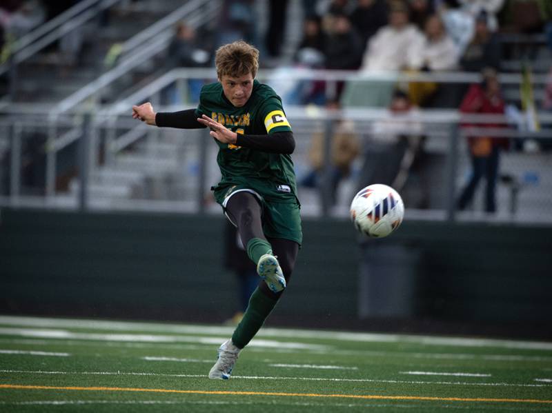 Coal City's Dane Noffsinger takes a shot on goal in a sectional game against Herscher on Tuesday, October 28, 2025.