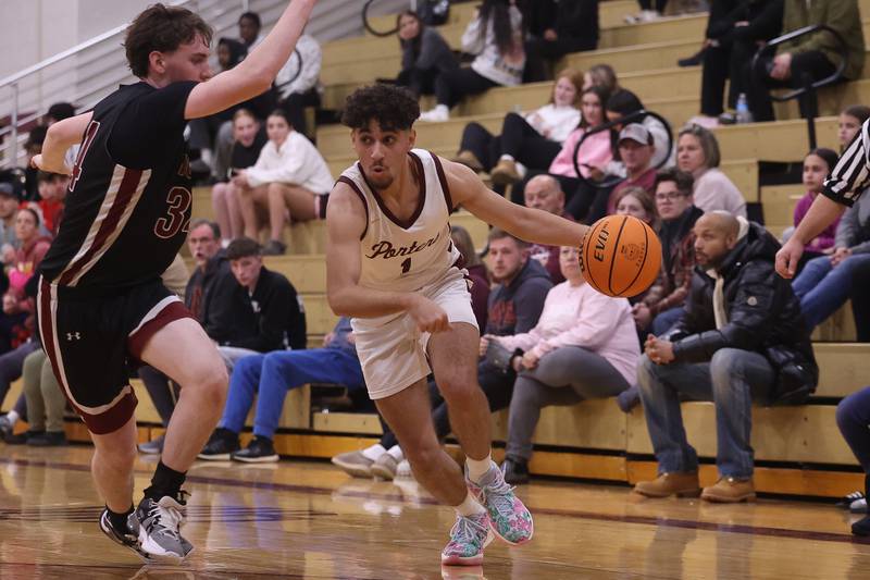 Lockport’s Ramzy Barbarawi drives to the basket against Plainfield North on Friday, Jan. 3, 2025 in Lockport